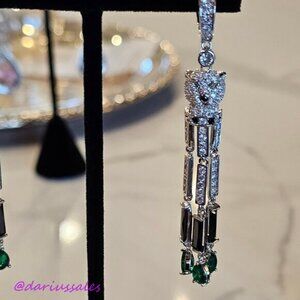 Drop Dangle Panther Head Earring - Emerald